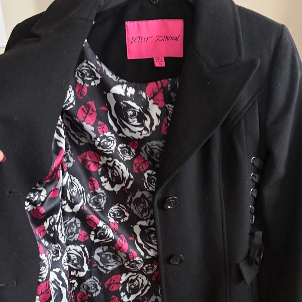 Betsey Johnson Black Trench Coat with Side Lacing Detail - Picture 8 of 10